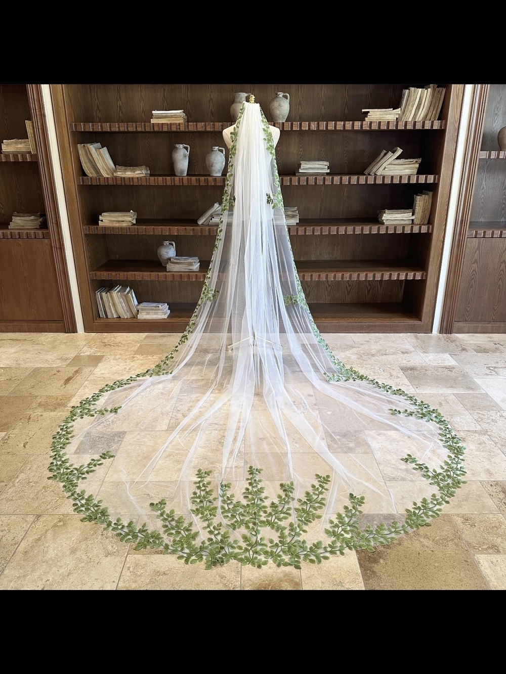 Long White Bridal Veil with Green Leaf Embroidery